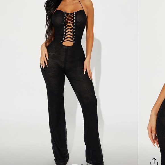 Fashion Nova Pants - Fashion Nova Black Lace Up Corset Wide Leg Jumpsuit | NWT | Size L